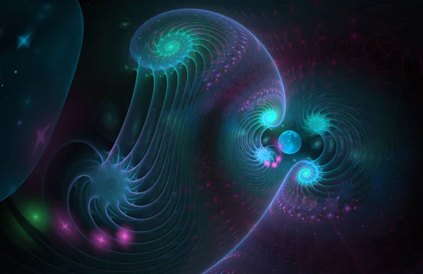 Beautiful color shape of a tornado spiral galaxy in deep space. Twists magnetic field. Bright abstract cover design, digital artwork for creative graphic. Computer generated Fractal curve 3D design.