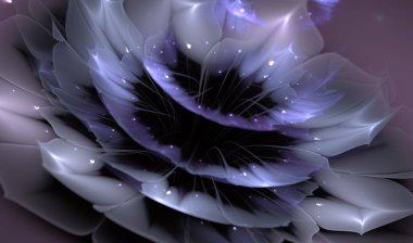 Güzel Soyut Fraktal çiçek yaprakları, siyah arka plan, sanat projeleri için mavi renklerde çiçek illüstrasyon parlak ayrıntıları ile