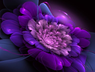 Sihirli gece fantezisi. Egzotik fraktal arka plan, sarmal çiçek dokulu yaprakları ile parlayan çekirdek ile soyut. Posterler, tişörtler, yaratıcı grafik tasarım. Psychedelic dijital sanat. 3D render.