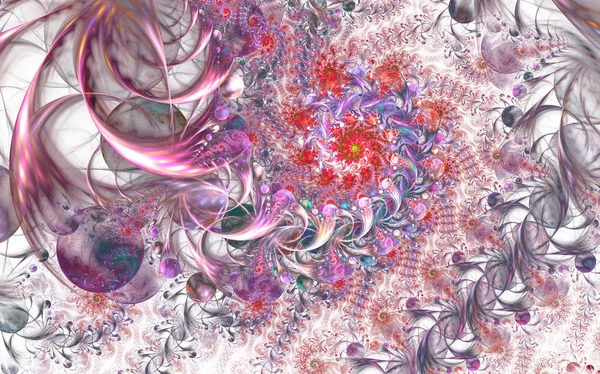 童话无限抽象花卉图案 明亮的色彩和闪闪发光的纹理 数字分形艺术作品的创造性的平面设计 神秘的螺旋电脑生成的图像 — 图库照片