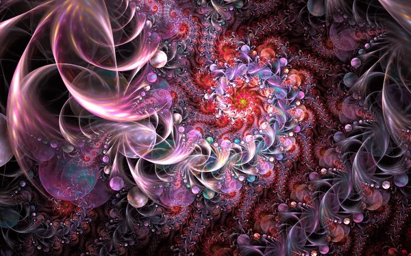 童话无限抽象花卉图案 明亮的色彩和闪闪发光的纹理 数字分形艺术作品的创造性的平面设计 神秘的螺旋电脑生成的图像 — 图库照片