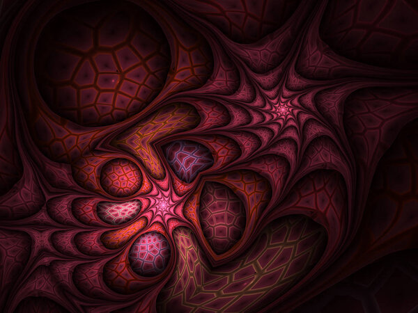 Abstract intricate spiral ornament with sparkling shapes. Fantasy twirl mesh fractal design. Psychedelic digital art. 3D rendering.