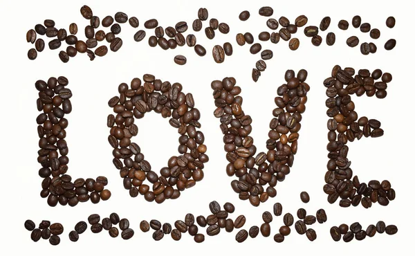 Inglês Coffee Alphabet isolado em branco. Grãos de café torrados. ? offee carta - AMOR — Fotografia de Stock