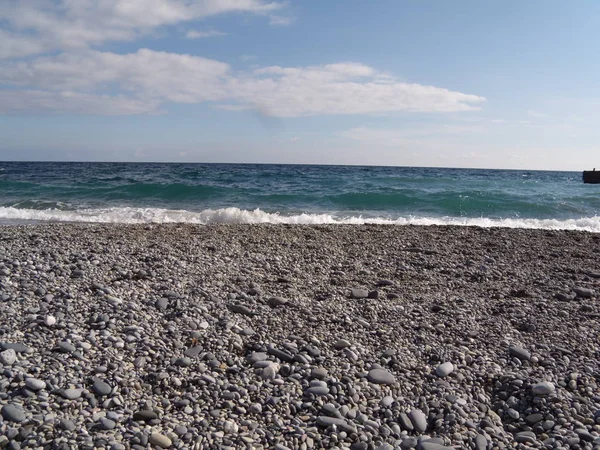 Dalgalar ve deniz insıçrı. Sahilde taşlar ve kabuklar.