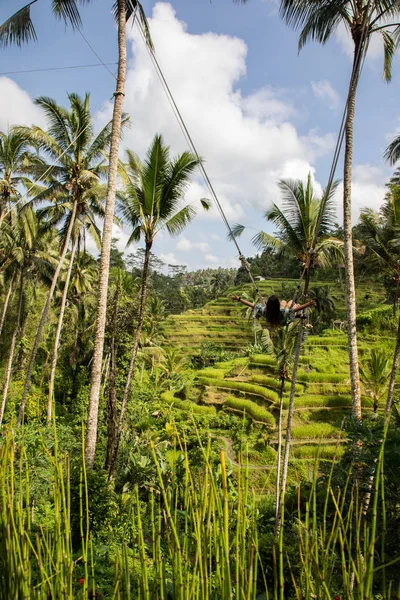 Mooie vrouw op hoge Swing boven rijstvelden in Bali — Stockfoto