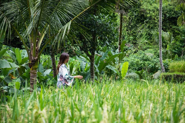 Mooie vrouw op groene rijstvelden in Bali — Stockfoto