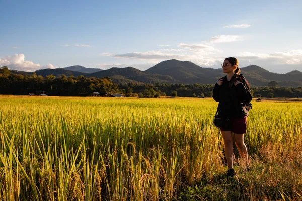 Mooie reiziger vrouw met rugzak op rijstvelden in Thailan — Stockfoto