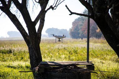 Drone su kuyusu üzerinde ve güneşli kış sabahı ağacın altında