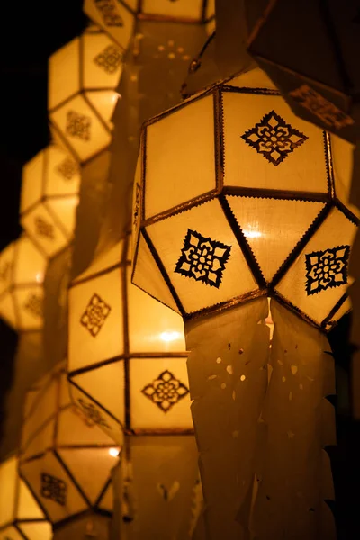 Thai yellow paper street lantern on street decoration during Loy Krathong and Yi Peng — Stock Photo, Image