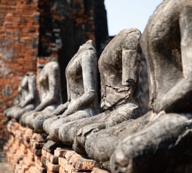 Ayutthaya 'daki harap tapınağında yer alan antik taş Buddha heykellerinin yakın olması