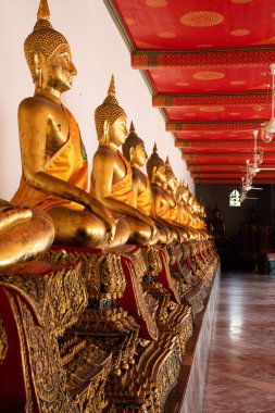 Bir tapınakta altın hizalı Buddha heykelleri yakın