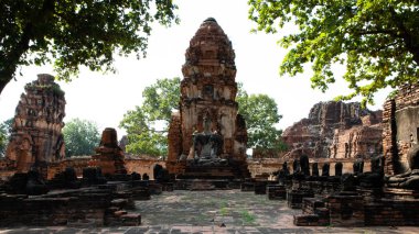 Ağaçlar yaprakları ile Ayutthaya tapınak Harabeleri bir harap Pagoda ön görünümü