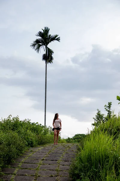 Mooie vrouw wandelen op beroemde tegels pad omringd door rijst f — Stockfoto