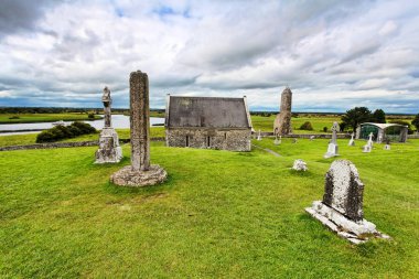 view of Clonmacnoise ancient monastic place near Shannonbridge, Ireland clipart