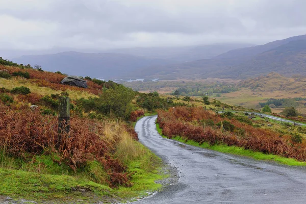 Black Valley, Co.Kerry, İrlanda ile karayolu arka planda dağlara düşen sis ve yağmur ile
