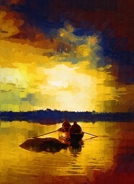 fishermen floating on boat, digital Painting