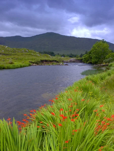 Vista Para Rio Erriff Com Montanhas Sheffery Fundo Mayo Irlanda — Fotografia de Stock
