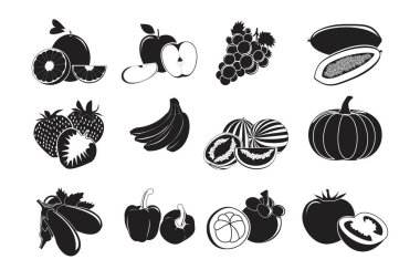 Sebze ve meyve seti logo silueti çizimi için çizimler