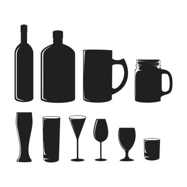 Bar veya kafe için siyah şişe ve gözlük seti siyah beyaz çizimler logo sembolü silueti