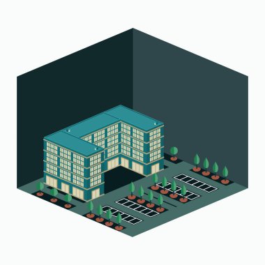 Geceleyin lüks bir otel - U şekli izometrik bina beyaz üzerine izole