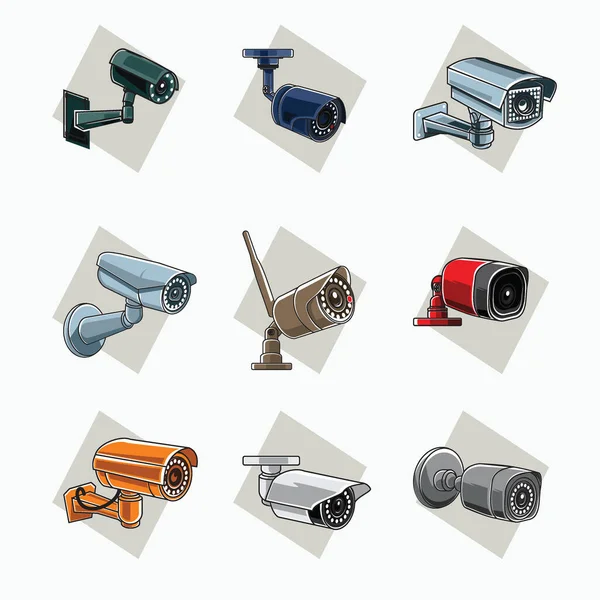 renkli CCTV simgesi (yeşil, mavi, gri, açık gri, kahverengi, kırmızı, turuncu, beyaz) - tüp, kare şekilli CCTV - güvenlik sistemi için renkli simge, sembol, çizgi film logosu