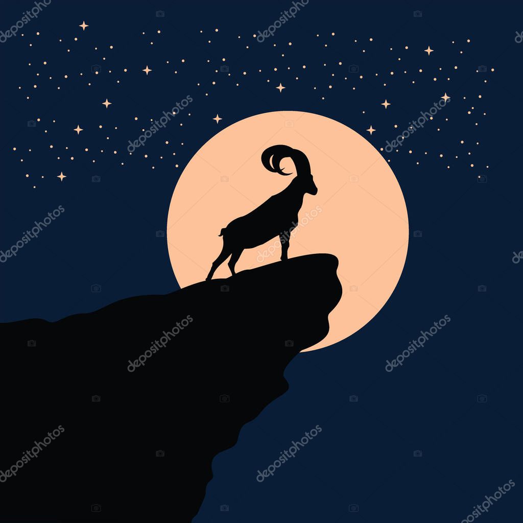 Big horn goat silhouette at the full moon night - goat, sheep, lamb logo emblem or button icon silhouette - mammal, animal vector icon