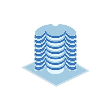 İkiz eğri iş kulesi binasıyla çevrili dairesel bina - kule, daire, kentsel yapı, şehir manzarası - beyaz üzerine izometrik 3d bina