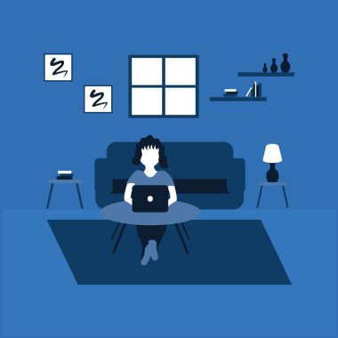 Bir kadın evde dizüstü bilgisayar kullanarak çalışmaktan zevk alır. Bir erkek evde tesadüfen televizyon izler. İki ton düz çizim.