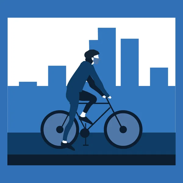 自転車に乗って路上でマスカーを身に着けている男の子か男 2トーンフラットイラスト — ストックベクタ