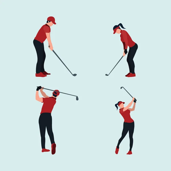 Güneşli bir günde golf antrenmanı yapan bir erkek ve kadın. Renkli düz çizimler seti.