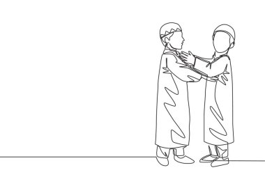 Ramazan Kareem tebrik kartı, afiş ve poster tasarımı geçmişi. Birbirini affetmek için sarılan iki müslüman çocuğun sürekli çizdiği bir çizgi. İslami tek çizgi çizim vektör çizimi