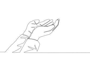 Müslüman insanların çizdiği tek bir çizgi Tanrı 'ya dua etmek için açılır ve el kaldırılır. İslam kutsal günü Ramazan Kareem ve Bayram Mübarek tebrik kartı konsepti aralıksız çizgi çizimi tasarım vektörü illüstrasyonu