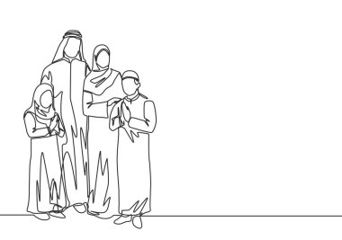 Kurban Bayramı Mübarek tebrik kartı, afiş ve poster tasarımı. Müslüman Arap ailesinin sürekli çizdiği bir çizgi - İslami baba, anne, kız ve oğul. Tek çizgi çizme vektör illüstrasyonu