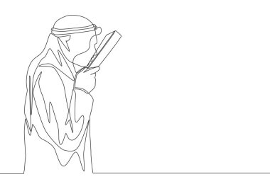 Geleneksel Arap kumaşıyla genç müslümanların Kuran 'ı öptüğü tek bir çizgi. İslami kutsal gün Bayram Mübarek tebrik kartı konsepti devamlı çizgi çizimi tasarım vektörü illüstrasyonu