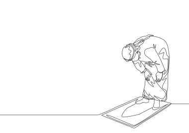 Müslümanların tek bir çizgisi, geleneksel Arap kumaşında Ruku pozisyonunda sajadah üzerine namaz kıldırıyor. Bayram Mübarek tebrik kartı konsepti kesintisiz çizgi çizim vektör çizimi illüstrasyonuName