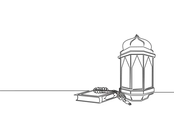 ラマダーン カレームのグリーティングカード ポスター バナーデザイン イスラム装飾クランキタブ タシュビー ランタンランプのシングル連続線画 イスラム教の祭り1行の描画ベクトルイラスト — ストックベクタ