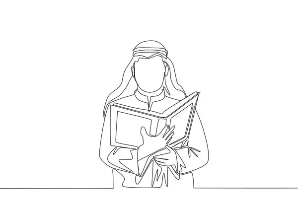 伝統的なアラブの布でクルアーンを読み 朗誦する若いムスリムの一本の線画 イスラム聖なる日ラマダーンカレームグリーティングカードのコンセプト1ラインドローデザインベクトルイラスト — ストックベクタ