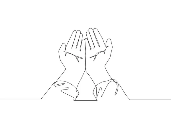 Desenho Linha Contínua Única Pessoa Muçulmana Aberta Levantar Mãos Orando — Vetor de Stock