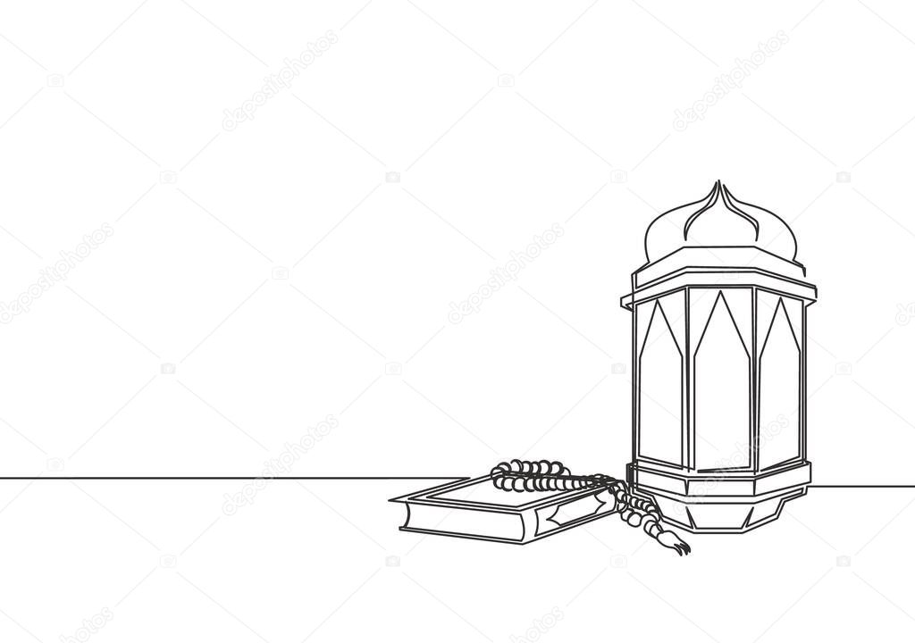 Ramadan Kareem greeting card, poster and banner design. Single continuous line drawing of Islamic ornament quran kitab, tasbih and lantern lamp. Muslim festival one line draw vector illustration