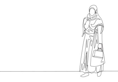 Küçük bir poşet getirip alışverişe giden genç, mutlu bir muslimah çizimi. Güzel Asyalı kadın modeli moda tesettür moda konsepti devamlı çizgi çizimi tasarım çizimi illüstrasyonu