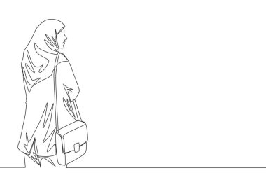 Geleneksel Arap kumaşına cep çantasıyla genç tatlı muslimah çizimi. Moda tesettüre sahip güzel Asyalı kadın modeli bir satır tasarım vektörü çizimi illüstrasyonu