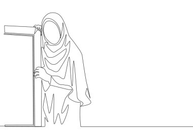Duvara dayanan başörtüsü takan genç ve güzel muslimah 'ın tek sıra çizimi. Moda tesettüre sahip güzel Asyalı kadın modeli bir satır tasarım vektörü çizimi illüstrasyonu