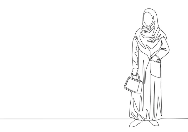 ポッカーバッグを運ぶ伝統的なアラブの布に若いかなりイスラム教徒の1つの連続線画 流行のヒジャーブファッションのコンセプトシングルラインドローデザインベクトルイラストの美しさアジアの女性モデル — ストックベクタ