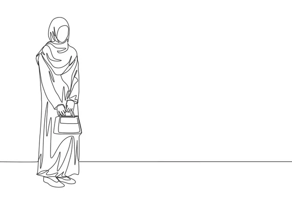 Desenho Linha Contínua Muslimah Atraente Jovem Com Saco Tecido Árabe — Vetor de Stock