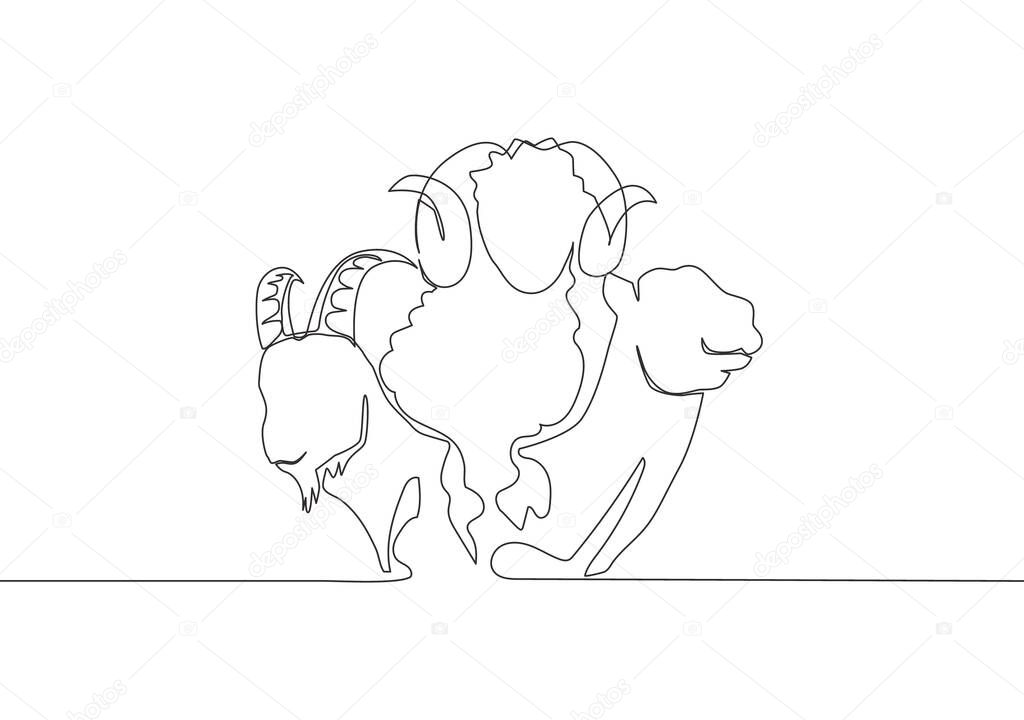 One single line drawing of camel, goat and sheep head. Muslim holiday the sacrifice an animal to God, Eid al Adha greeting card concept continuous line draw design illustration