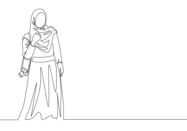 İslami kumaş tutuş kamerasına genç, mutlu, güzel bir pelte çizimi. Güzel Ortadoğu kadınları moda tesettür moda konsepti Tek çizgi tasarım vektör ilülasyonu