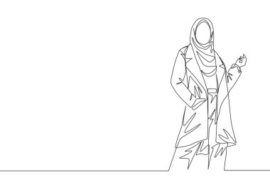 İslami kumaş üzerine genç, mutlu, güzel bir muslimah çizimi. Güzel bir poz. Güzel Malaylı kadınlar moda tesettür moda bir çizgi tasarım vektör illüstrasyonunu çizer
