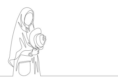 İslami kumaşın üzerinde şirin bir şapka tutan genç ve mutlu bir muslimah çizimi. Moda konseptinde çekici Orta Doğulu kadın modeli. Tek çizgi tasarım vektörü çizimi illüstrasyonu.