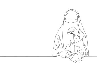 Çarşaf giyen ve sandalyede oturan genç, mutlu, Suudi Arabistan Muslimah 'ının tek bir çizgisi. Geleneksel Arap kadın niqab bez konsepti devamlı çizgi çizimi tasarım vektörü illüstrasyonu