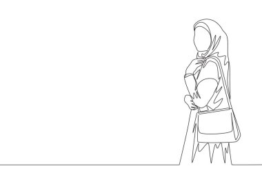 İslami kumaşın üzerinde asılı duran ve takılmaya hazır bir çanta taşıyan genç ve mutlu bir muslimah çizimi. Güzel Asyalı kadın modeli tesettür moda konsepti devamlı çizgi çizimi tasarım vektörü illüstrasyonunda